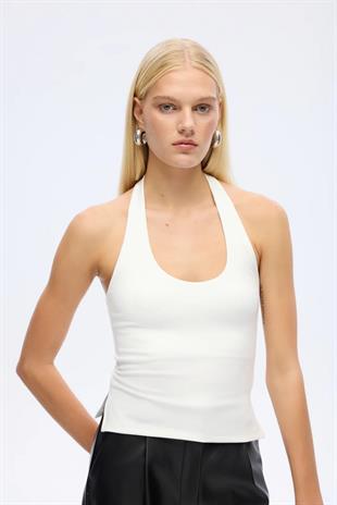 Kadın Sırt Dekolteli Halter Yaka Basic Bluz Ekru
