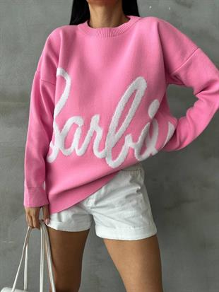 Kadın Barbi Yazılı Triko Kazak Pembe