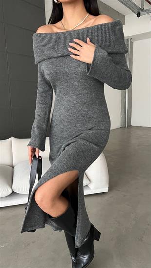 Kadın Madonna Yaka Triko Elbise Füme