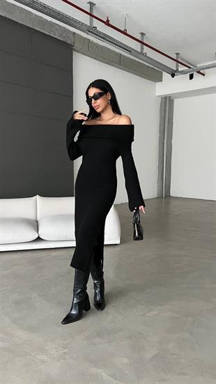 Kadın Madonna Yaka Triko Elbise Siyah