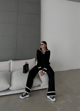 Kadın Polo Yaka Çizgili Triko Takım Siyah