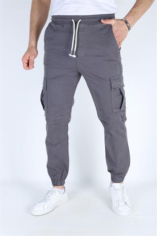 Erkek Paça Ve Beli Lastikli Keten Pantolon Füme