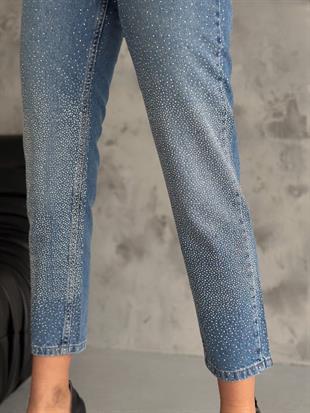 Kadın Likralı Taşlı Mom Pantolon Buz Mavi