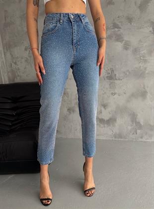 Kadın Likralı Taşlı Mom Pantolon Buz Mavi