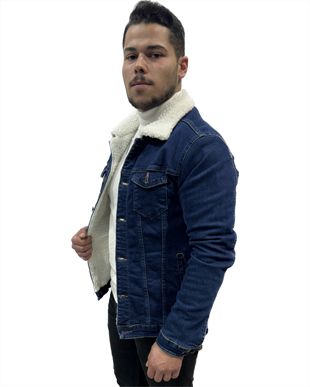 Erkek İçi Kürklü Kot Ceket Mavi