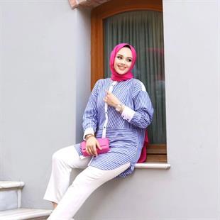 Kadın Çizgili Gömlek Mavi