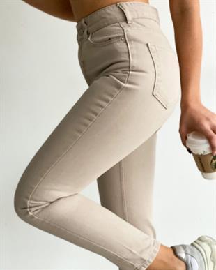 Kadın Düz Mom Kot Pantolon Bej
