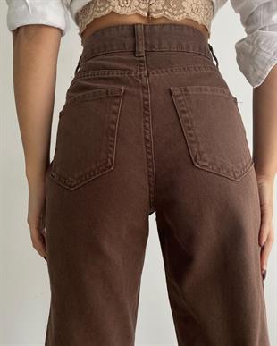 Kadın Düz Mom Kot Pantolon Kahverengi
