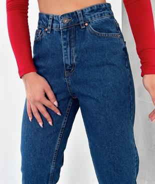 Kadın Düz Mom Kot Pantolon Koyu Mavi