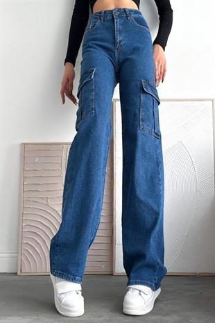 Kadın Kargo Cep Pantolon Mavi