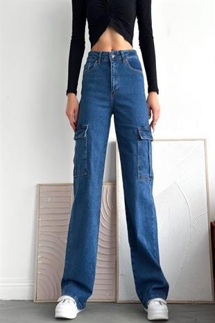 Kadın Kargo Cep Pantolon Mavi