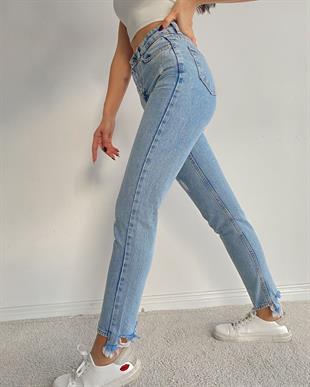 Kadın Lazer Kesim Paça Püsküllü Mom Kot Pantolon Buz Mavi
