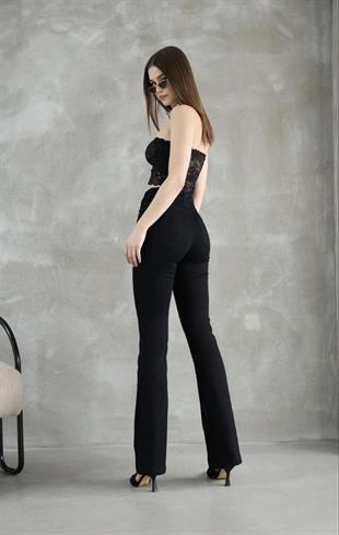 Kadın Likralı İspanyol Pantolon Siyah