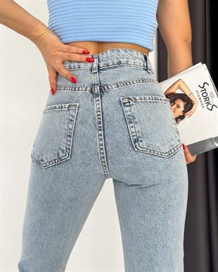 Kadın Paça Püsküllü Dizi Yırtık Mom Kot Pantolon Buz Mavi