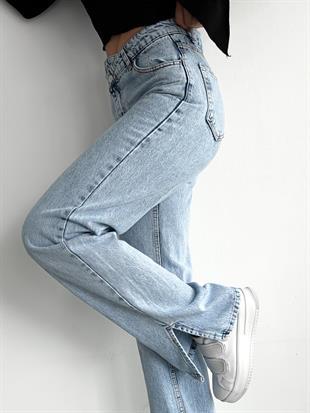 Kadın Paça Yırtmaçlı Mom Jeans Pantolon Açık Mavi