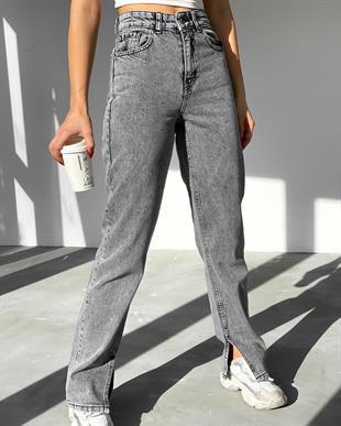 Kadın Paça Yırtmaçlı Mom Jeans Pantolon Koyu Gri