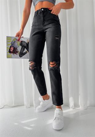 Kadın Lazer Kesim Yırtık Mom Kot Pantolon Füme