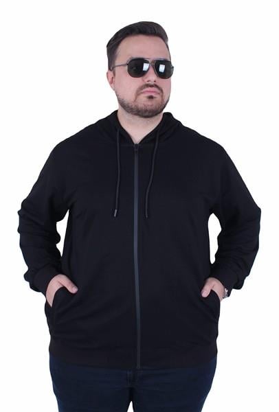 Mocgrande Büyük Beden Basic Mevsimlik Fermuarlı Kapüşonlu Sweat 22751 SIYAH