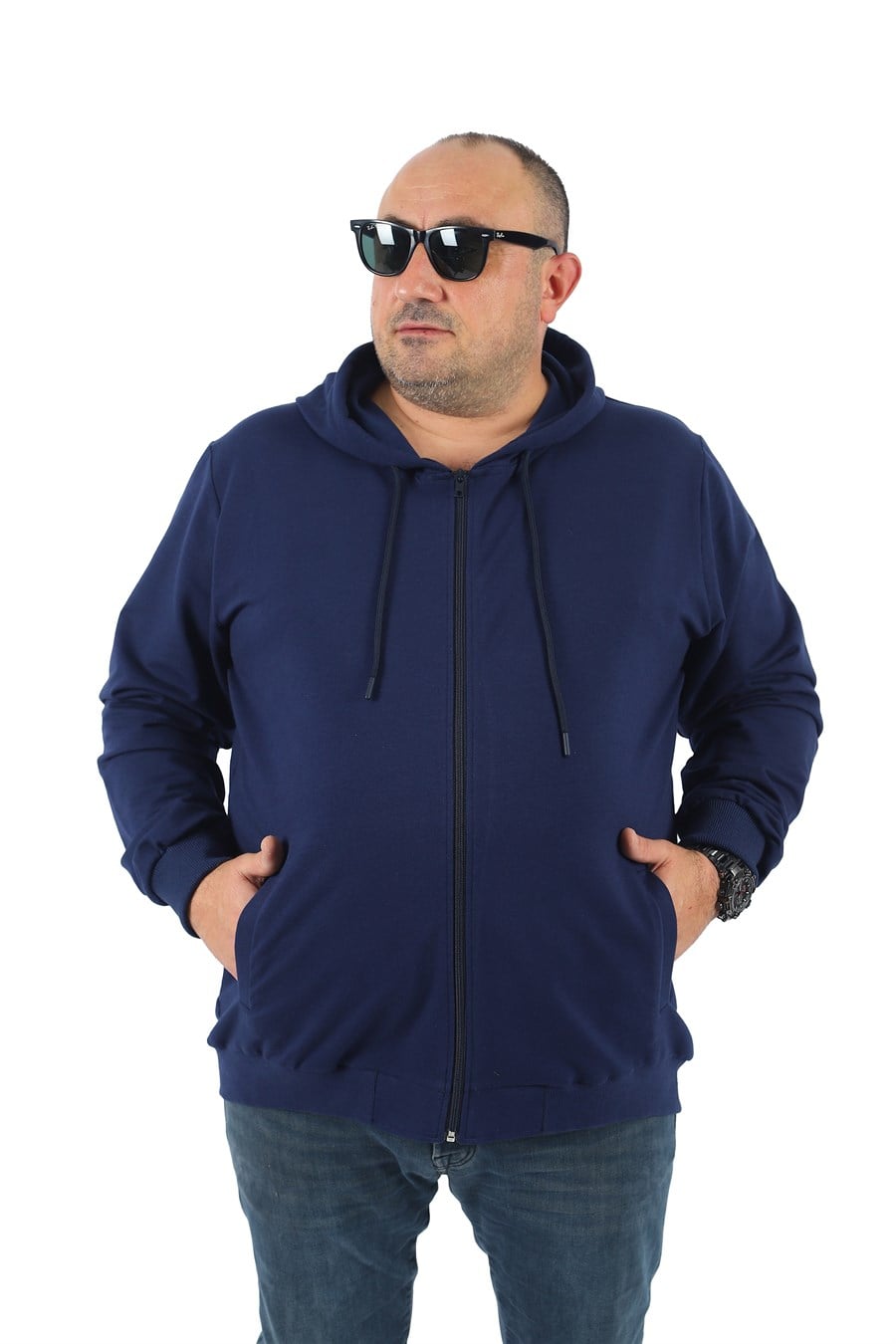 Mocgrande Büyük Beden Basic Mevsimlik Fermuarlı Kapüşonlu Sweat 22751 INDIGO