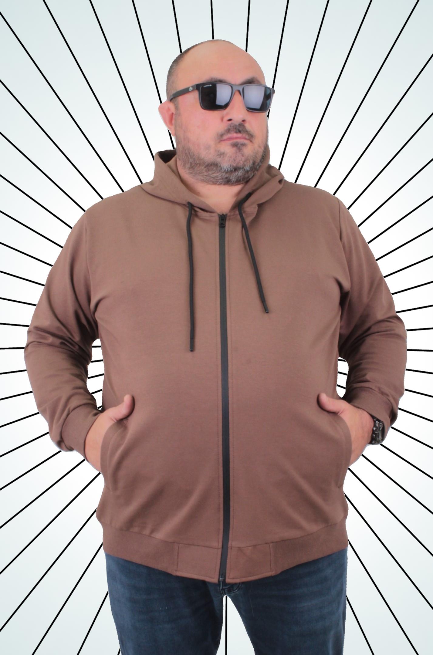 Mocgrande Büyük Beden Basic Mevsimlik Fermuarlı Kapüşonlu Sweat 22751 TABA