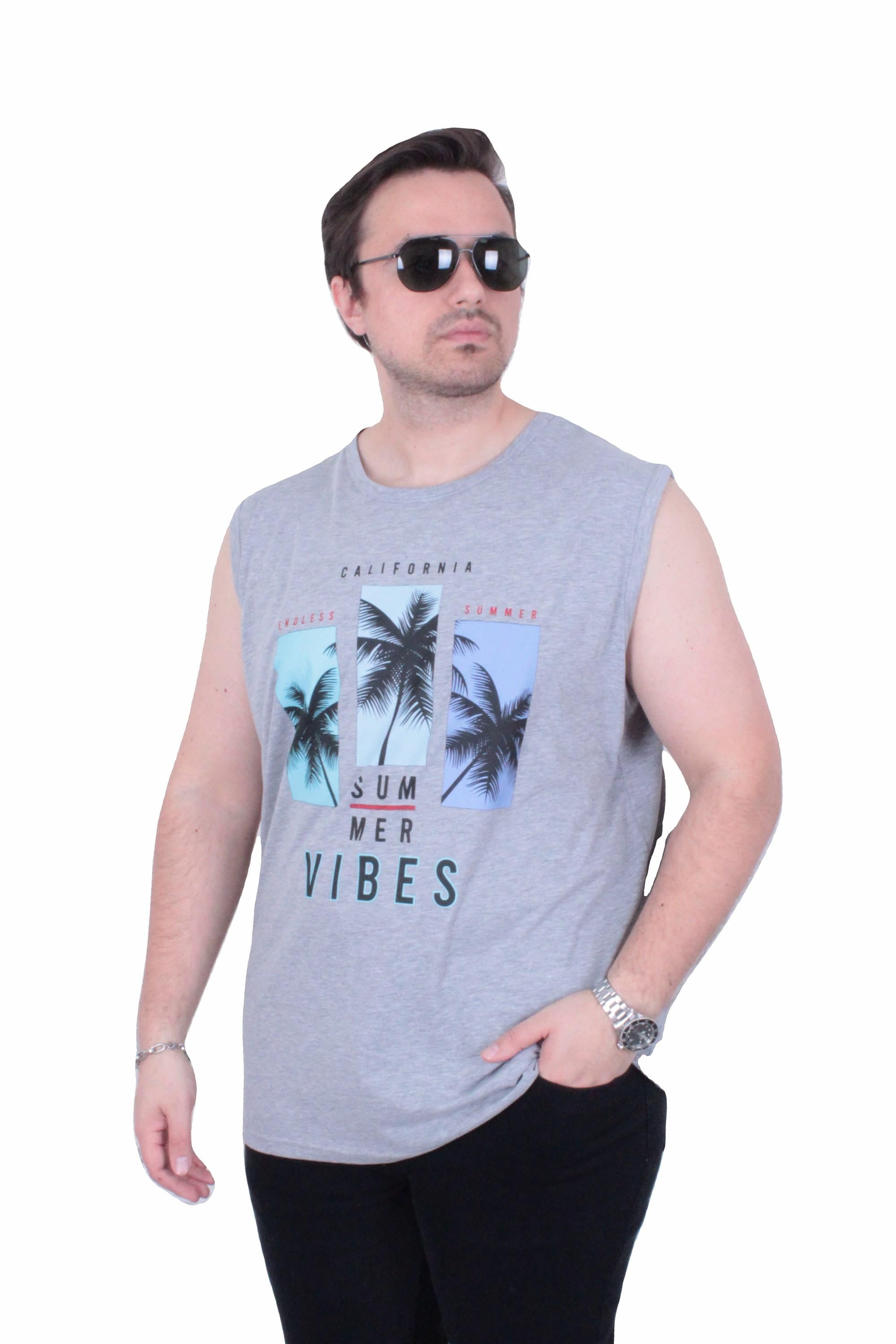 Mocgrande Büyük Beden Baskılı Kolsuz Tişört Summer Vıbes 26125 GRI MELANJ