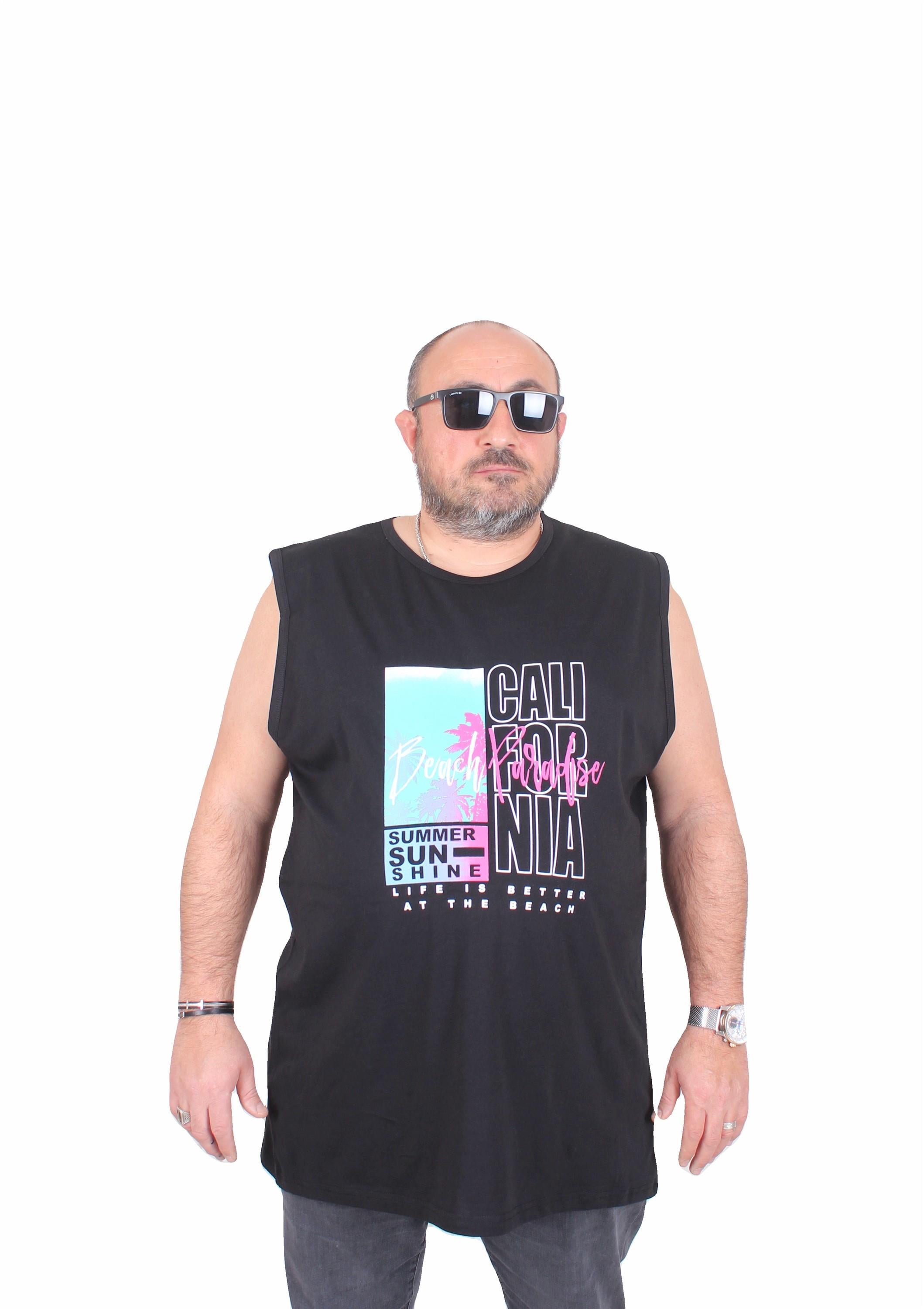 Mocgrande Büyük Beden Baskılı Kolsuz Tişört Beach Paradise 25151 SIYAH