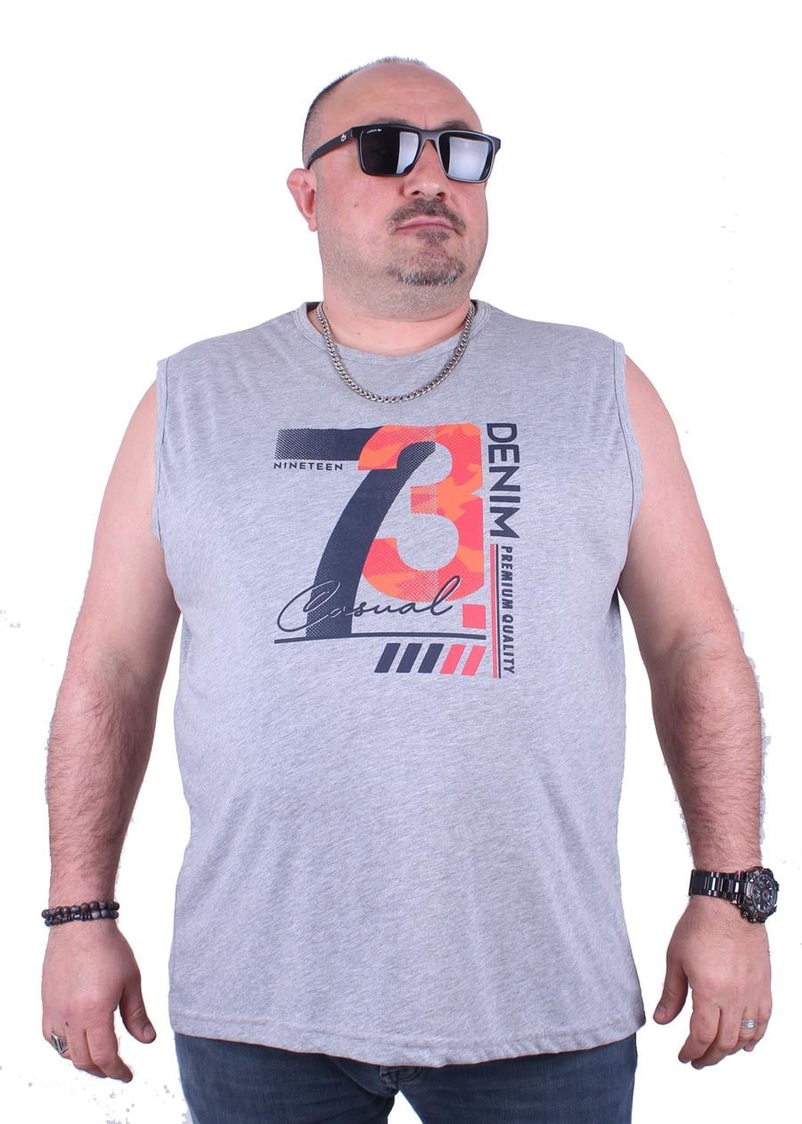 Mocgrande Büyük Beden Erkek Baskılı Kolsuz Tişört Casual 23142 GRI MELANJ