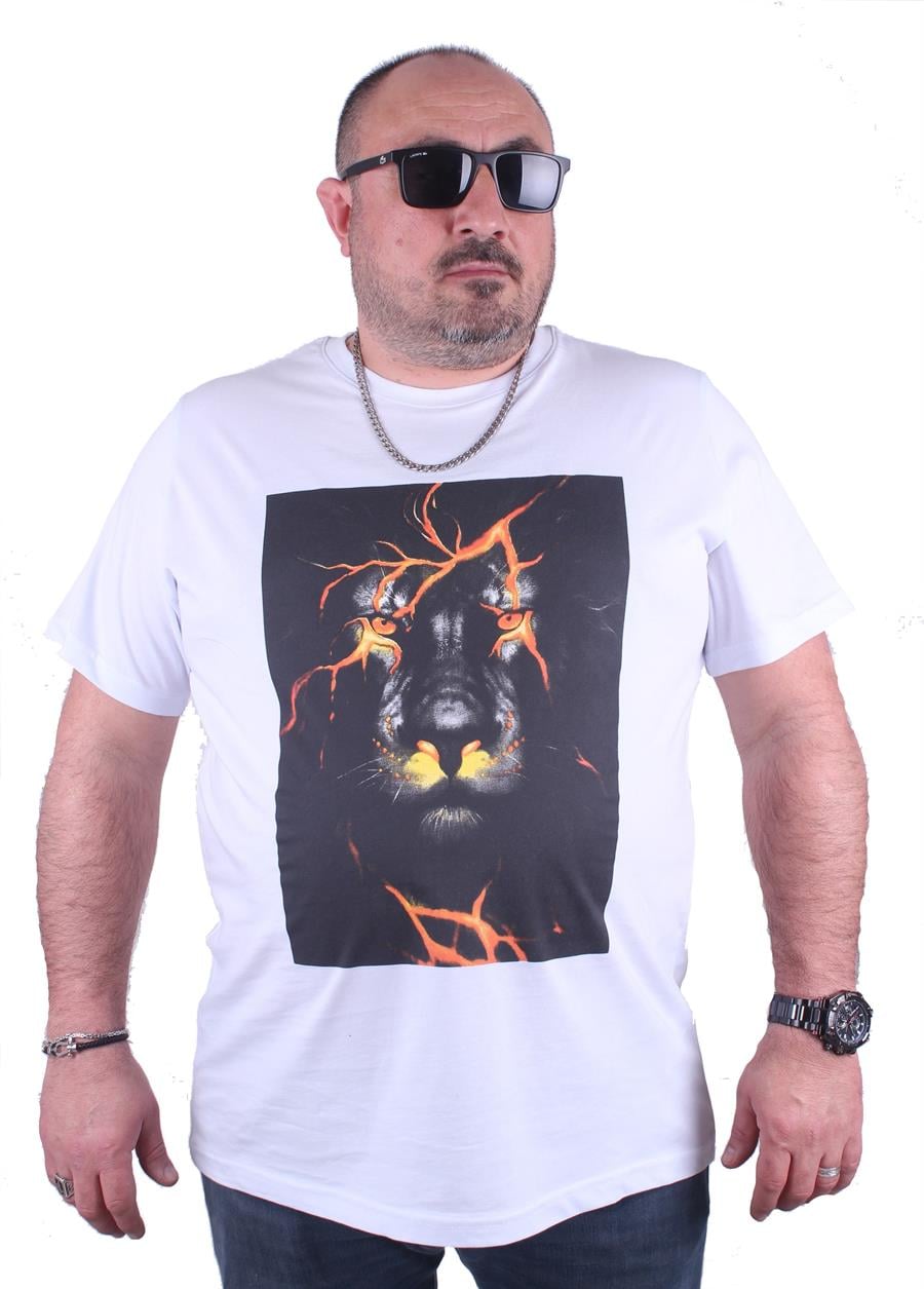 Mocgrande Büyük Beden Erkek Baskılı Tişört Lion 23138 BEYAZ