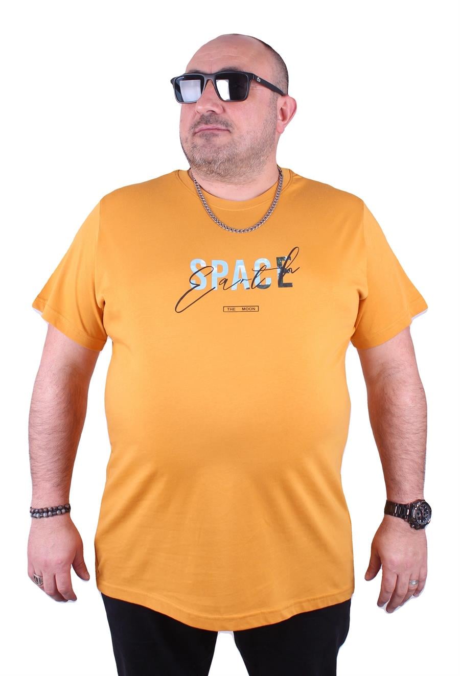 Mocgrande Büyük Beden Erkek Sıfır Yaka Tişört Space 23123 HARDAL