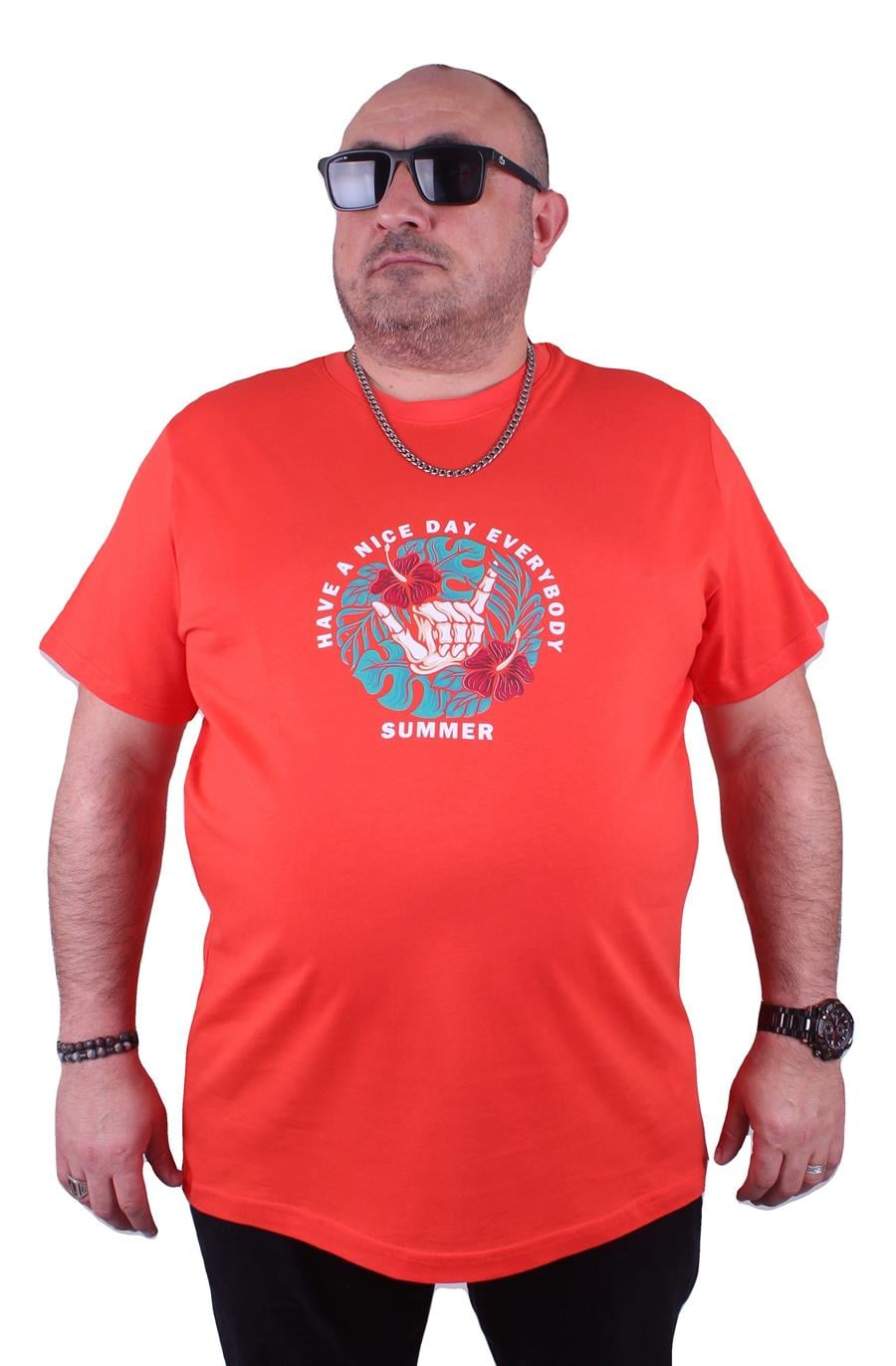Mocgrande Büyük Beden Erkek Sıfır Yaka Tişört Summer 23119 Nar Çiçeği