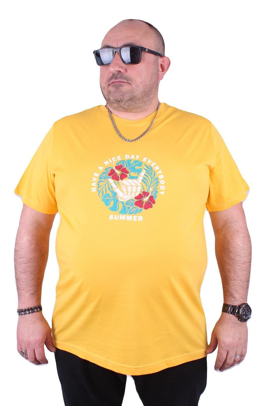 Mocgrande Büyük Beden Erkek Sıfır Yaka Tişört Summer 23119 SARI
