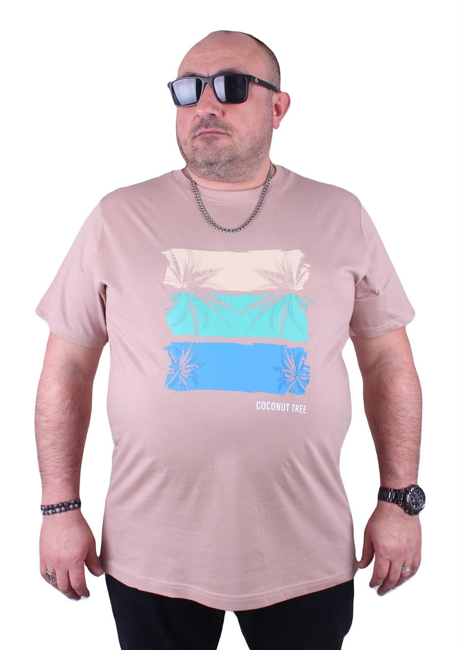 Mocgrande Büyük Beden Erkek Sıfır Yaka Tişört Coconut Tree 23118 BEJ