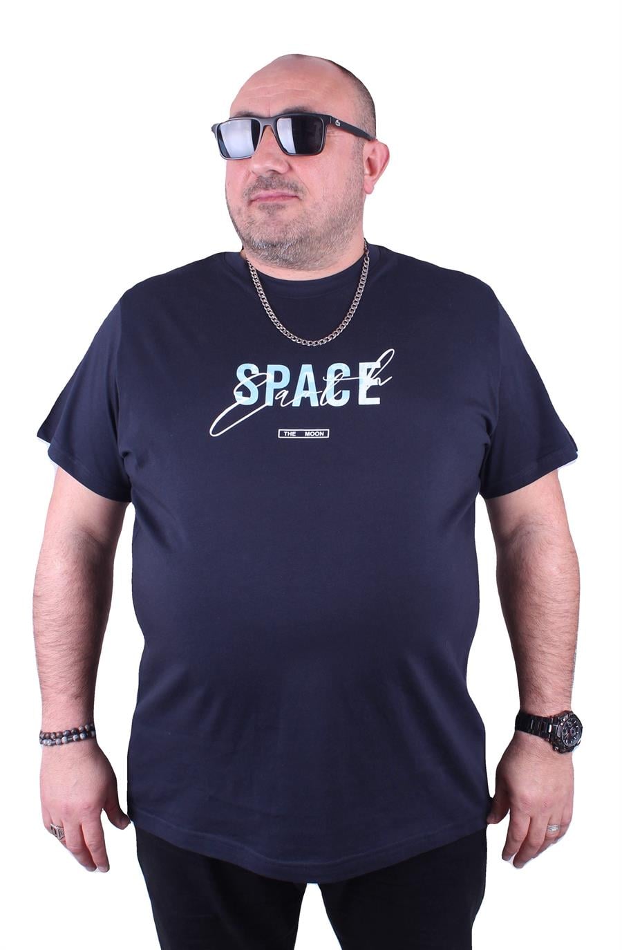 Mocgrande Büyük Beden Erkek Sıfır Yaka Tişört Space 23123 LACIVERT