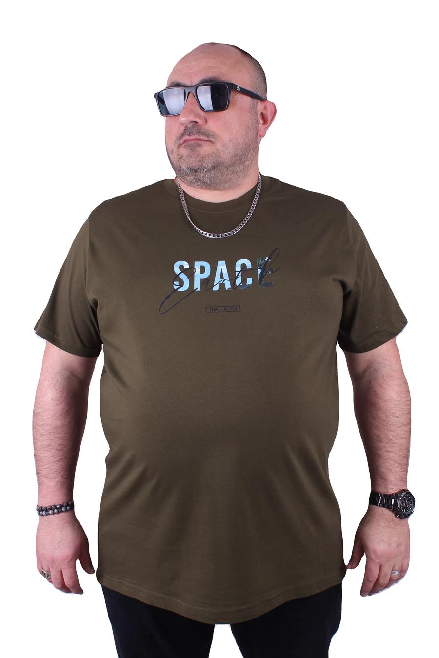 Mocgrande Büyük Beden Erkek Sıfır Yaka Tişört Space 23123 Askeri Yeşil