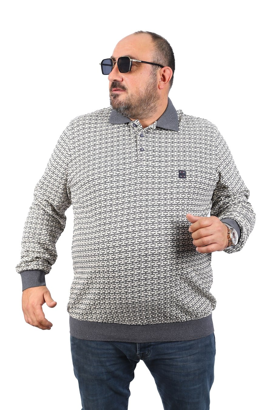 MocGrande Büyük Beden Erkek Sweatshirt Polo Yaka 22714