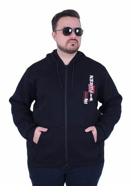 MocGrande Büyük Beden Kapüşonlu Fermuarlı 3ip Sweat İn Between 25717 LACIVERT