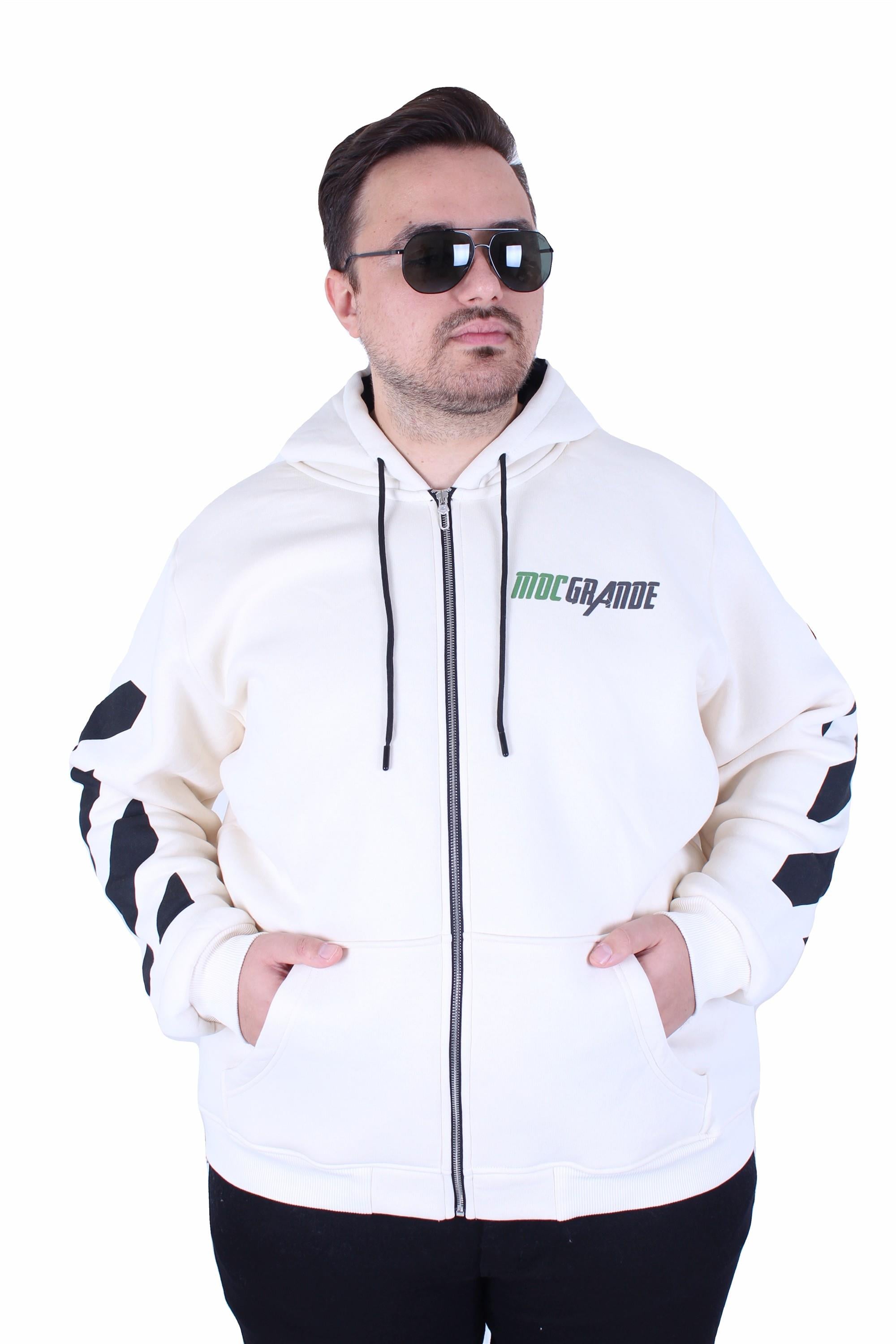 MocGrande Büyük Beden Kapüşonlu Fermuarlı 3ip Sweat MG 25718 BEJ