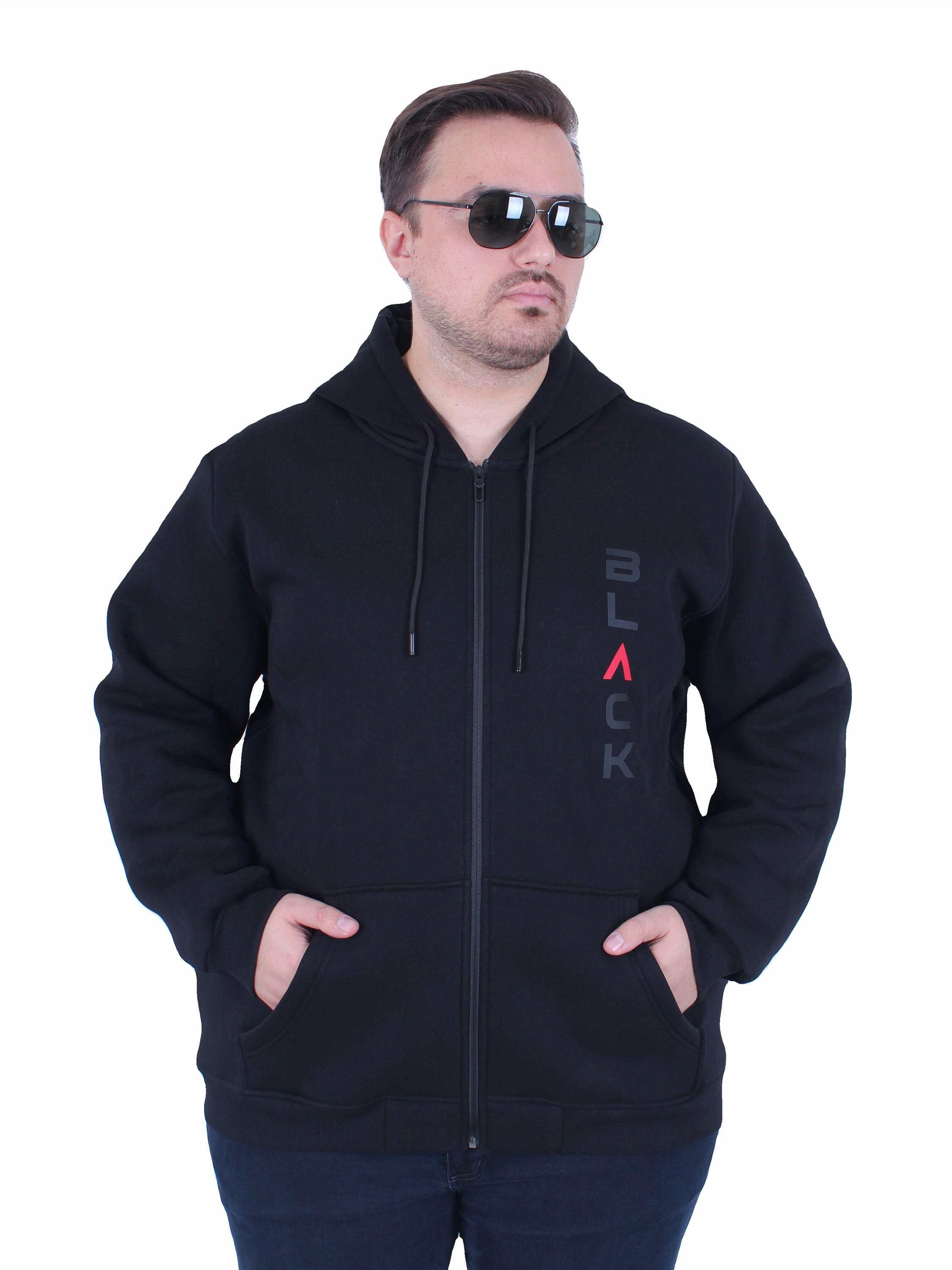 MocGrande Büyük Beden Kapüşonlu Fermuarlı 3ip Sweat Black 25716 SIYAH