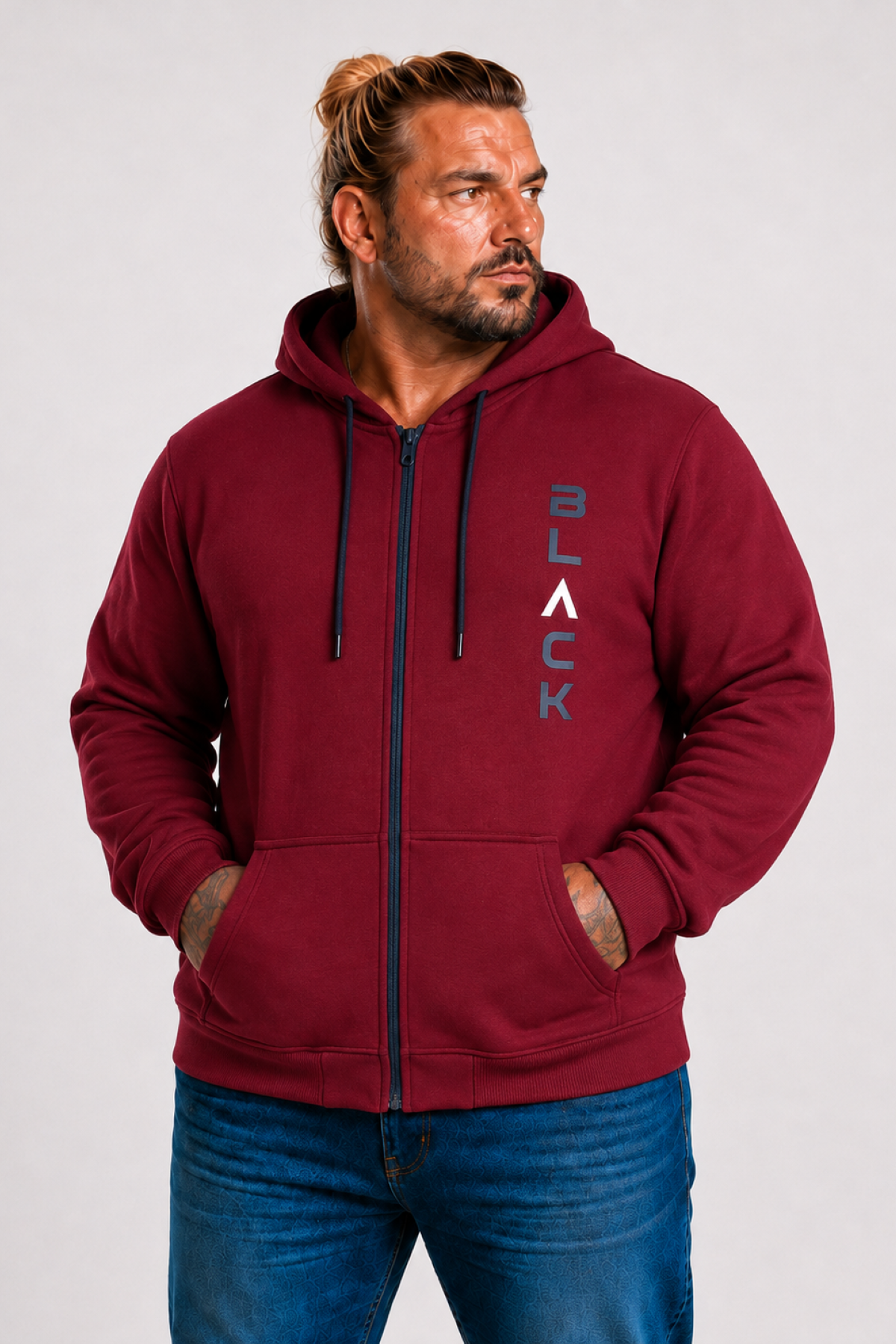 MocGrande Büyük Beden Kapüşonlu Fermuarlı 3ip Sweat Black 25716 MURDUM