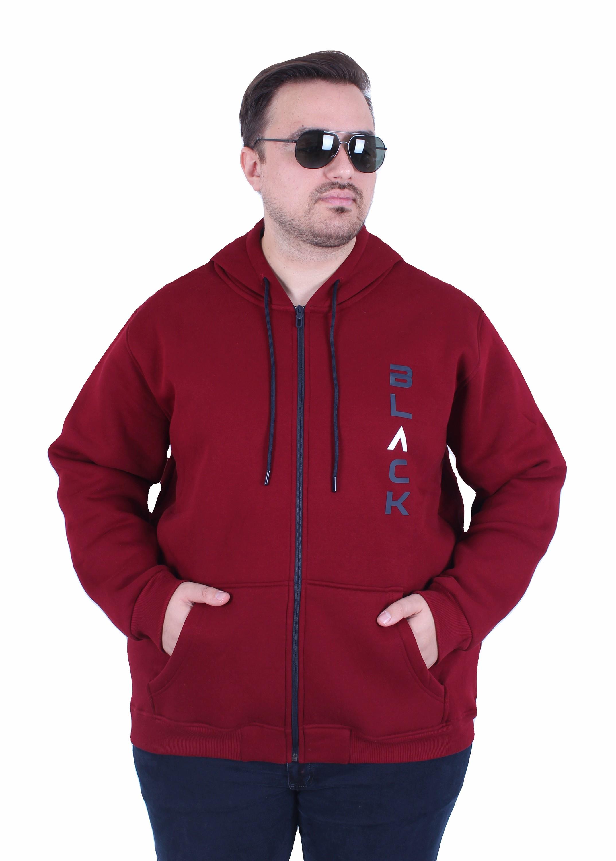 MocGrande Büyük Beden Kapüşonlu Fermuarlı 3ip Sweat Black 25716 MURDUM