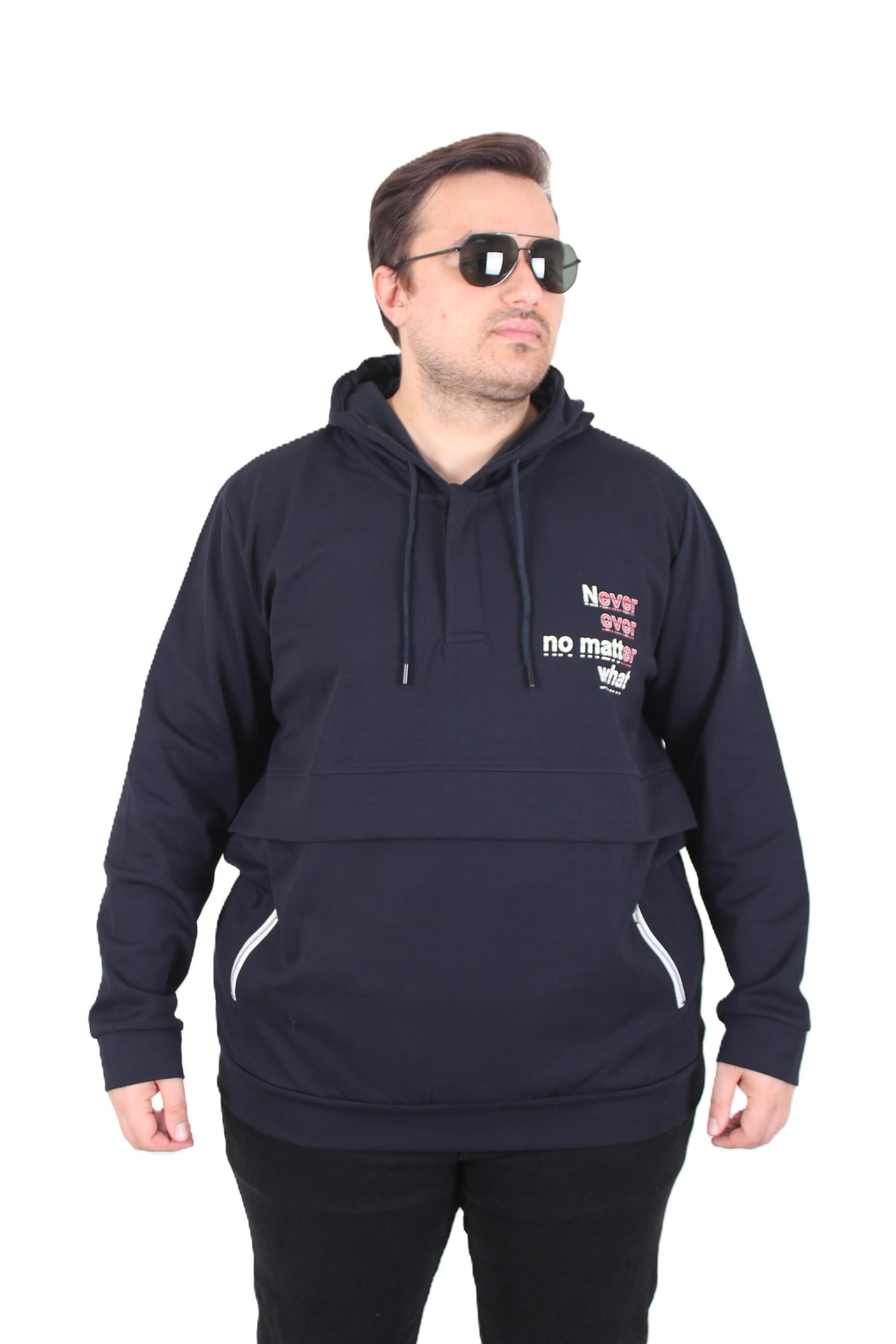 MocGrande Büyük Beden Kapüşonlu Sweat Double Face Never 25706 LACIVERT