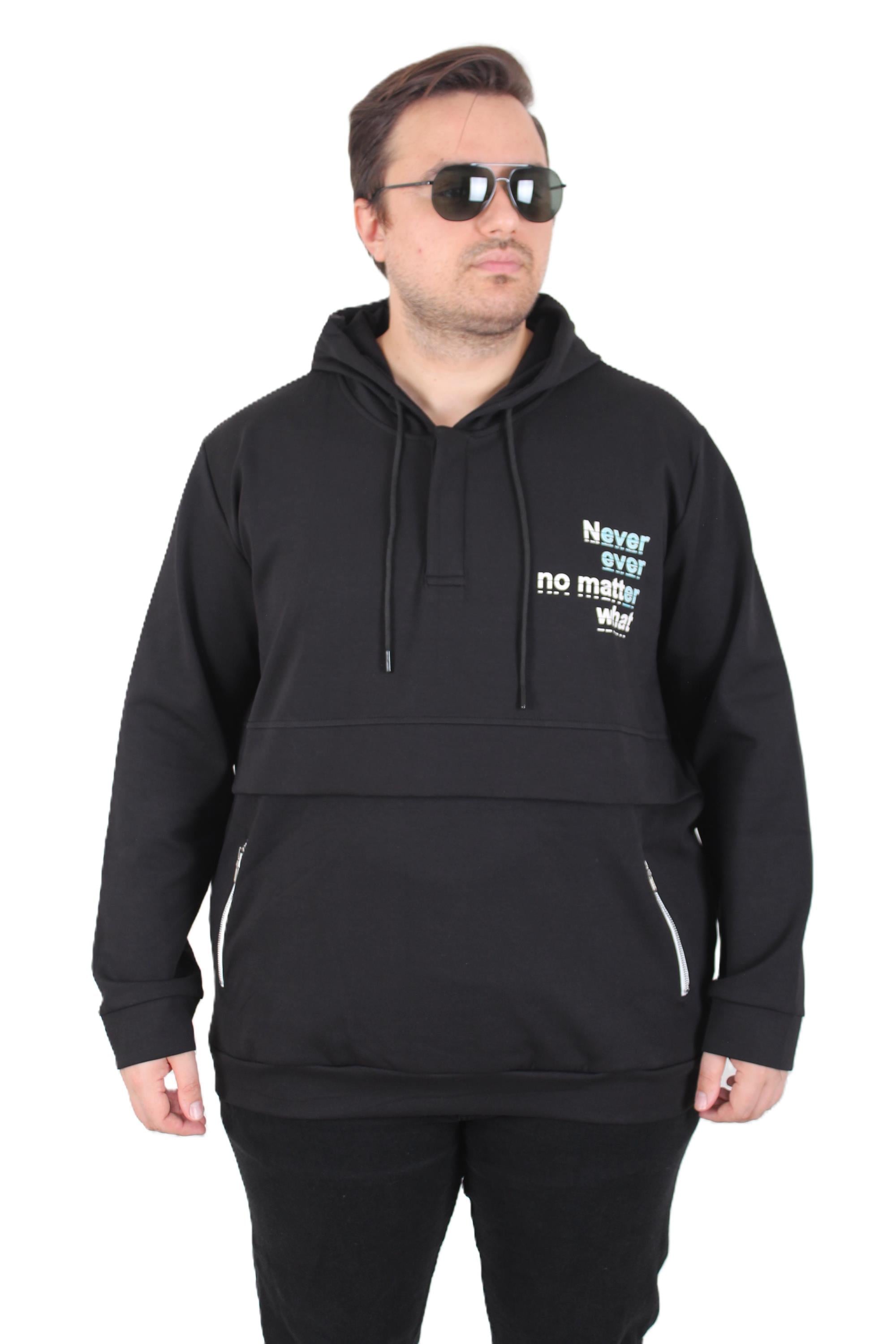 MocGrande Büyük Beden Kapüşonlu Sweat Double Face Never 25706 SIYAH