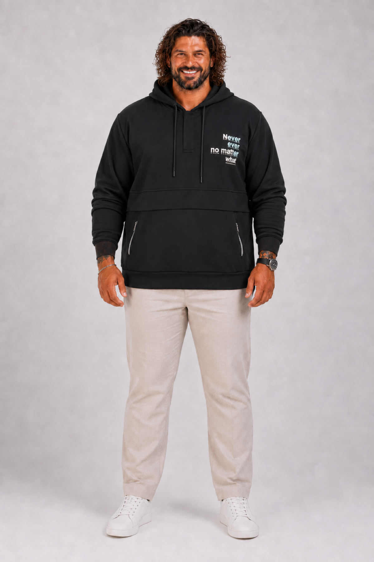 MocGrande Büyük Beden Kapüşonlu Sweat Double Face Never 25706 SIYAH