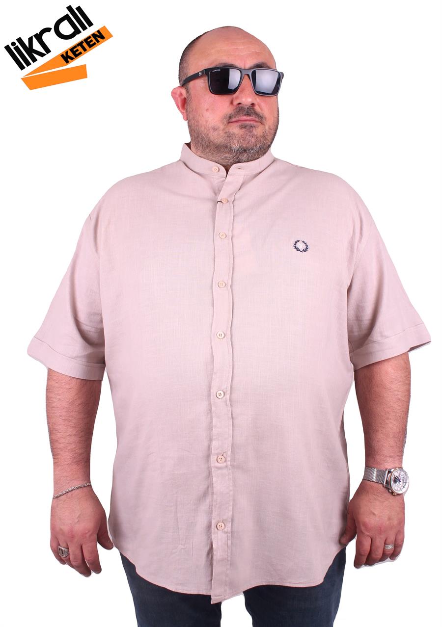 Mocgrande Büyük Beden Kısa Kol Erkek Likralı Keten Nakışlı Hakim Yaka Gömlek 11302 BEJ