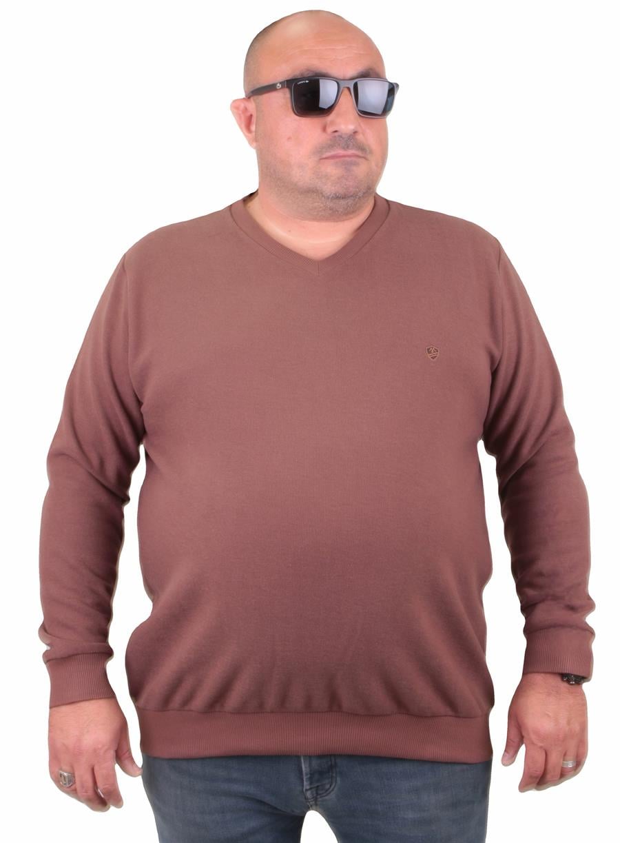 MocGrande Büyük Beden Selanik V Yaka Classic Sweat 23201 TABA