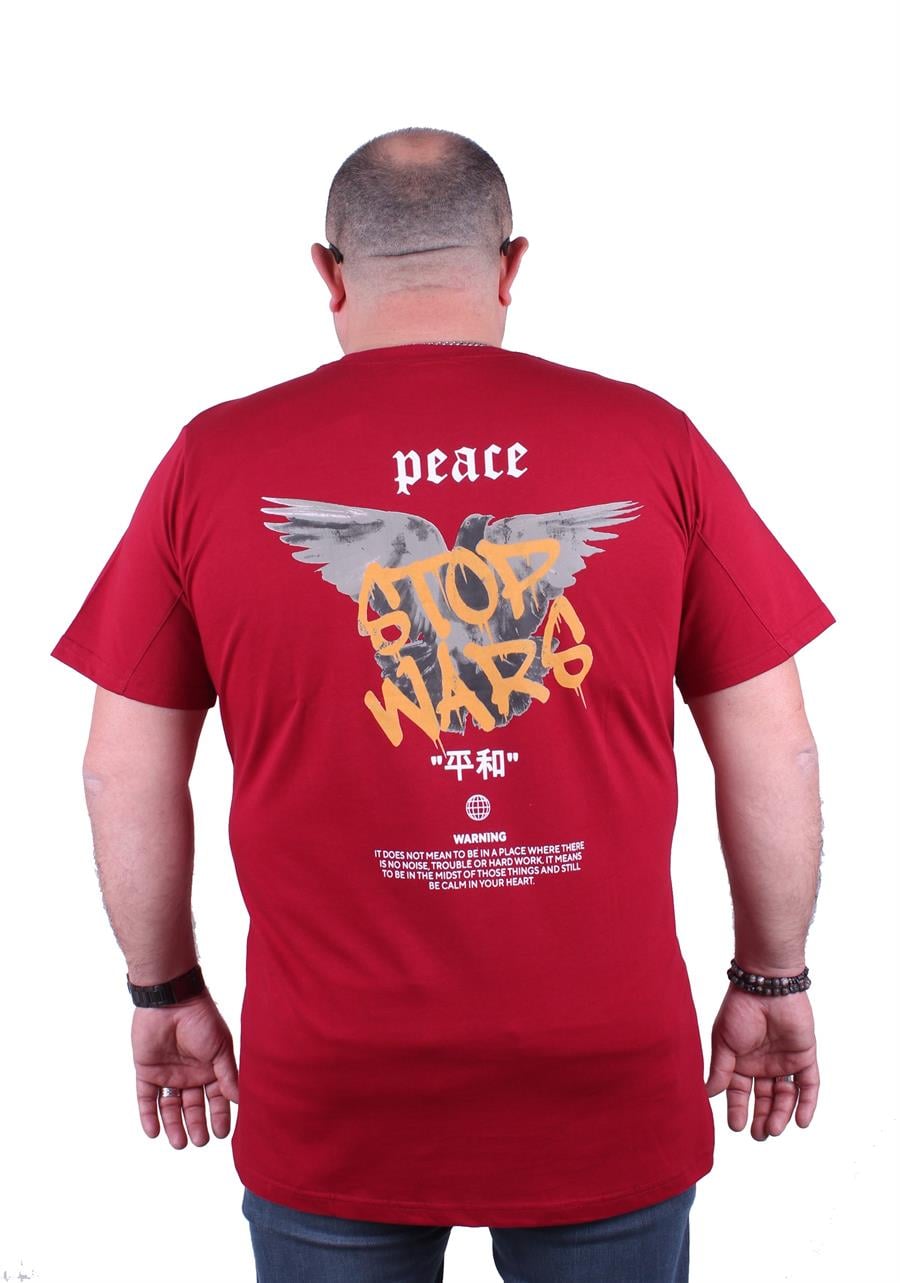 Mocgrande Büyük Beden Sıfır Yaka Tişört Peace 23100 BORDO