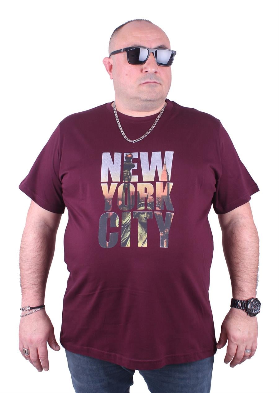 Mocgrande Büyük Beden Sıfır Yaka Tişört New York City 23125 BORDO