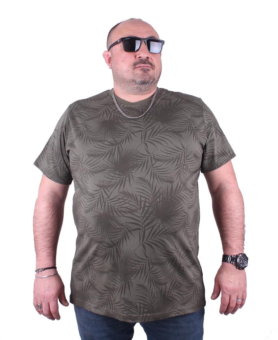 Mocgrande Büyük Beden Sıfır Yaka Tişört Palm Leaf 23148 HAKI