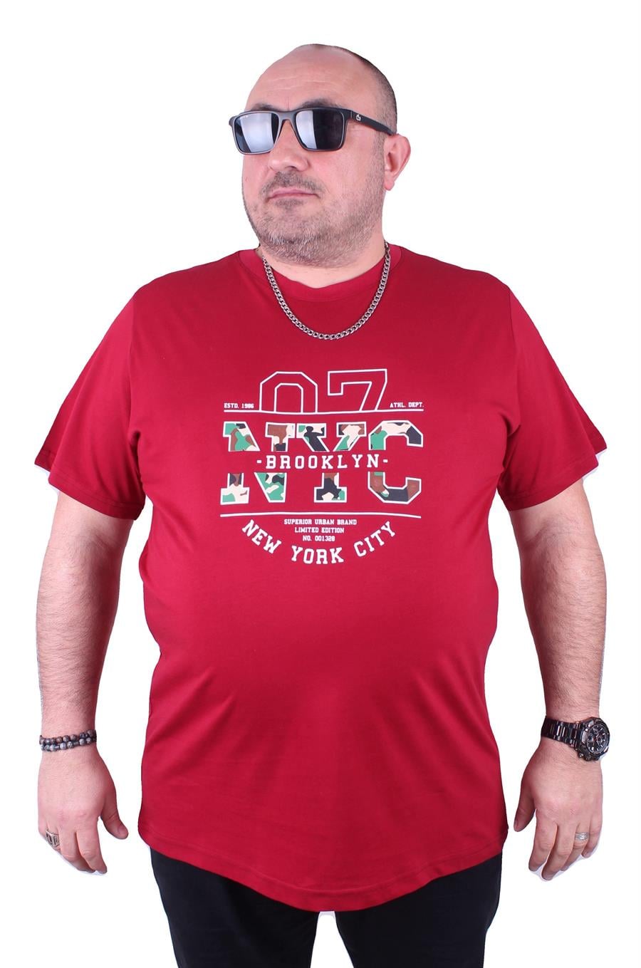 Mocgrande Büyük Beden Sıfır Yaka Tişört Nyc 23115 BORDO