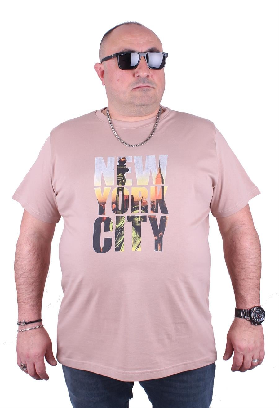 Mocgrande Büyük Beden Sıfır Yaka Tişört New York City 23125 BEJ